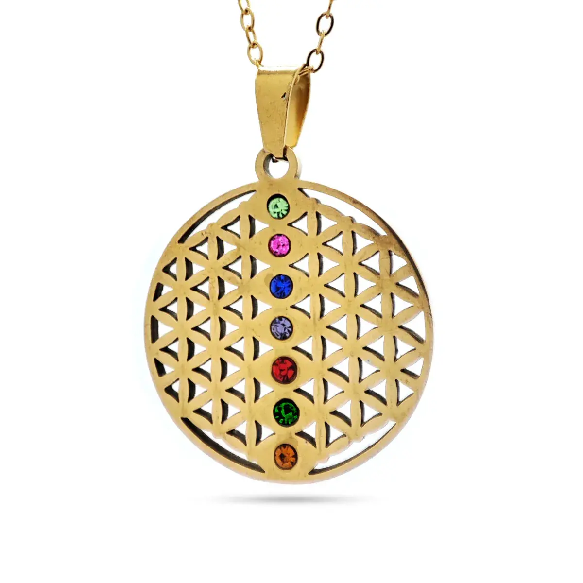 Collar Acero Dorado Flor de la Vida Cristales 7 Chakras 2