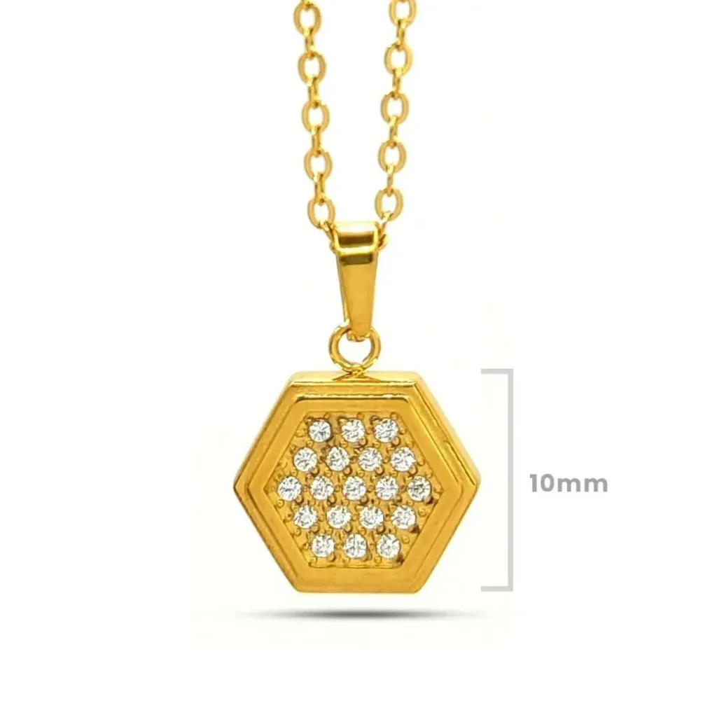 Collar Acero Dorado Mini Hexagono Cristales Elegante 2 1