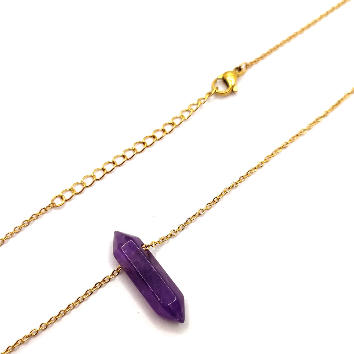 Collar Acero Dorado Pendulo Doble Punta Energia Amatista 3