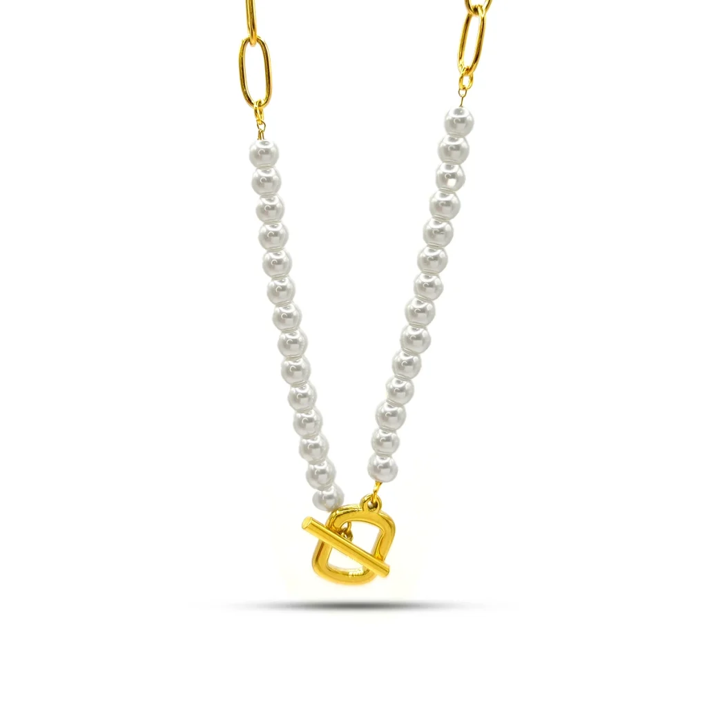 Collar Acero Dorado Perlas Eslabon Largo Broche Barra 1