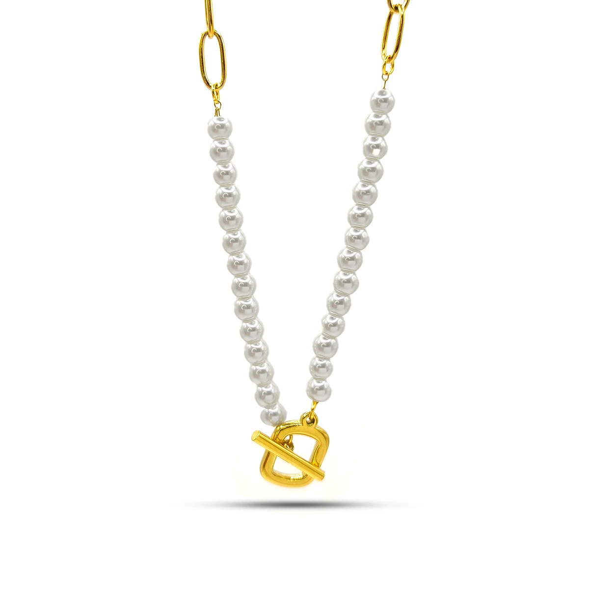 Collar Acero Dorado Perlas Eslabon Largo Broche Barra 1