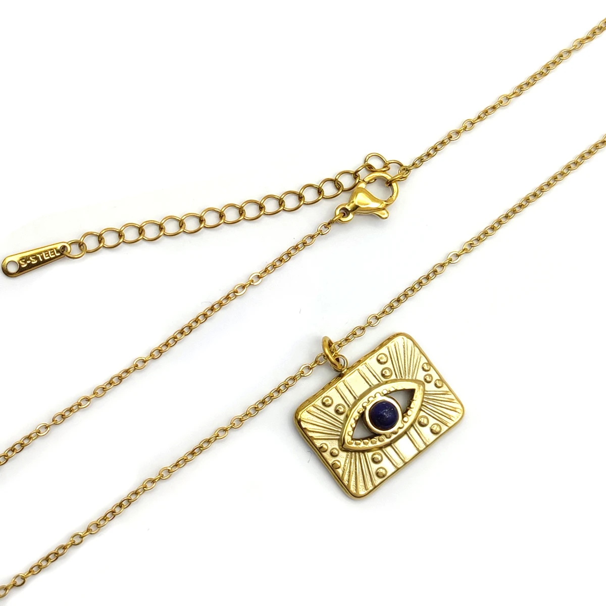 Collar Acero Dorado Retangulo Relieve Ojo Lapislazuli 2