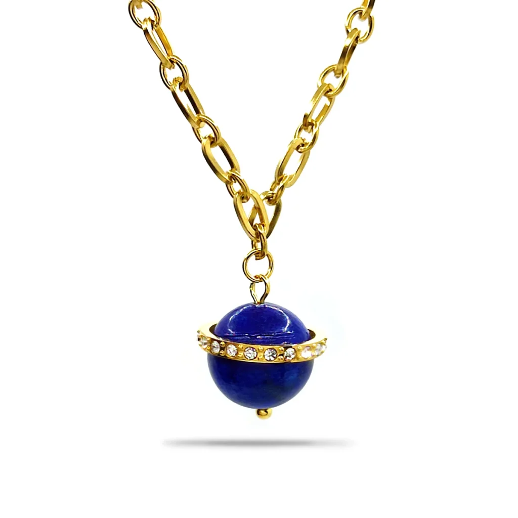 Collar Acero Dorado Saturno Lapislazuli Aro Cristales 2