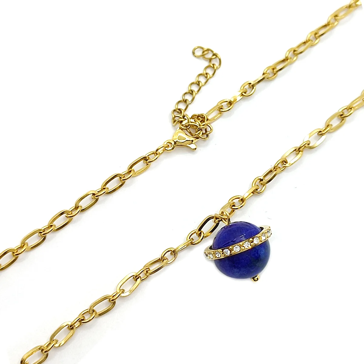 Collar Acero Dorado Saturno Lapislazuli Aro Cristales 3