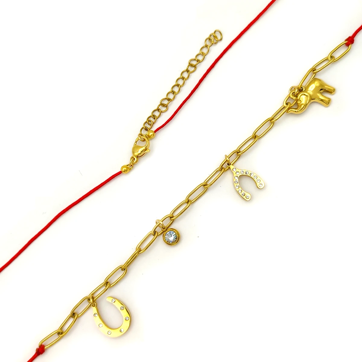 Collar Acero Dorado Simbolos Suerte Fortuna Hilo Rojo 3