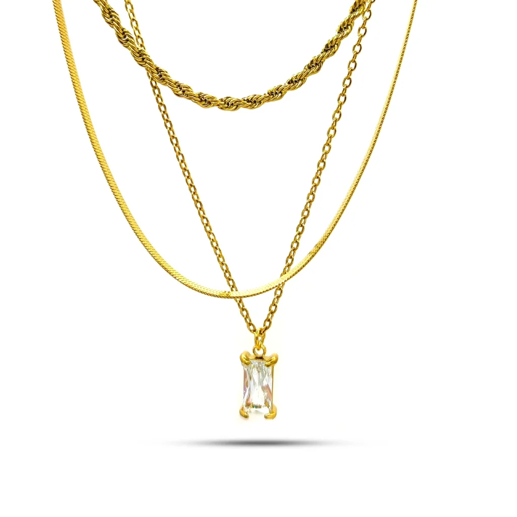 Collar Acero Dorado Triple Planchada Zirconia Rectangular 1