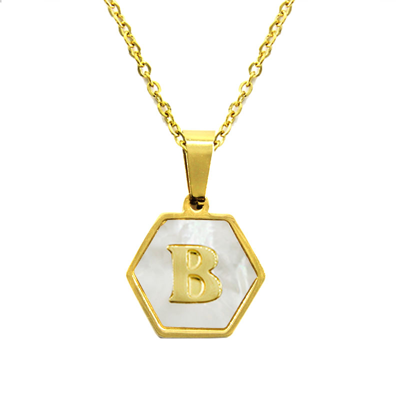 Collar Acero Inox Dorado Hexagonal Letra B Madre Perla