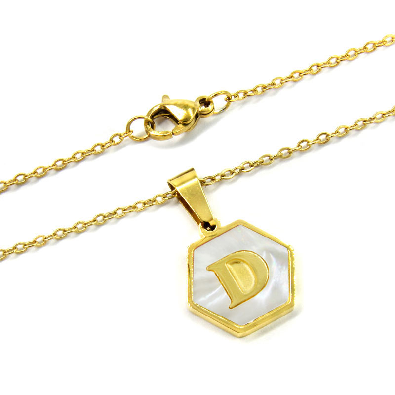 Collar Acero Inox Dorado Hexagonal Letra D Madre Perla 2