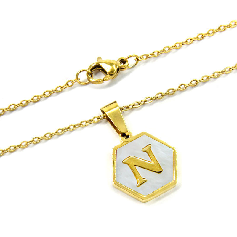 Collar Acero Inox Dorado Hexagonal Letra N Madre Perla 2