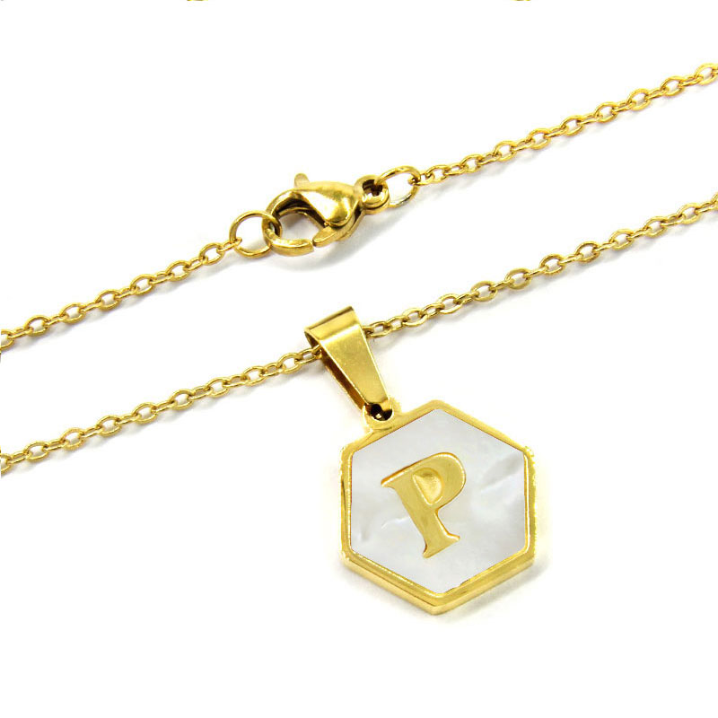 Collar Acero Inox Dorado Hexagonal Letra P Madre Perla 2