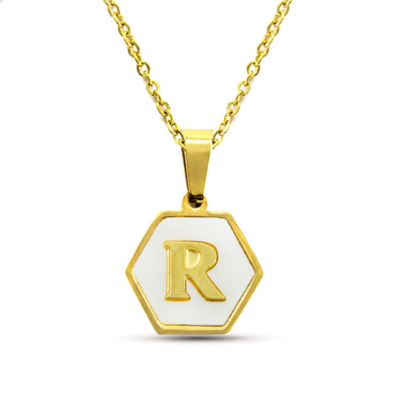 Collar Acero Inox Dorado Hexagonal Letra R Madre Perla