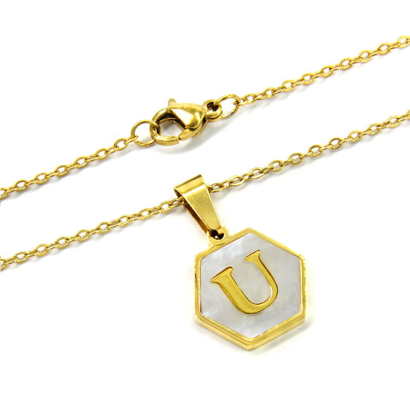Collar Acero Inox Dorado Hexagonal Letra U Madre Perla 2