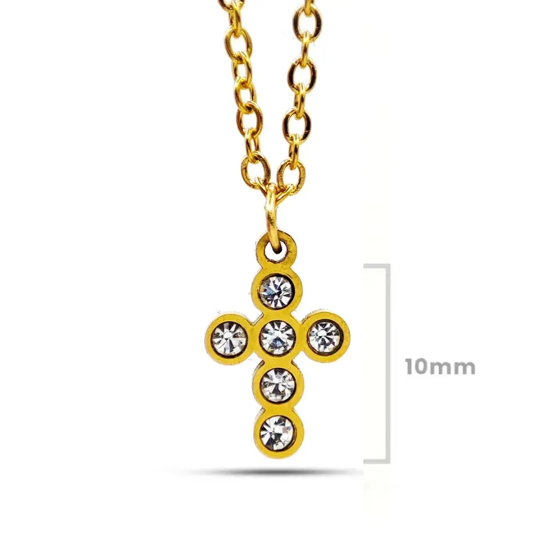 Collar Acero Inox Dorado Mini Cruz Cristales Redondos