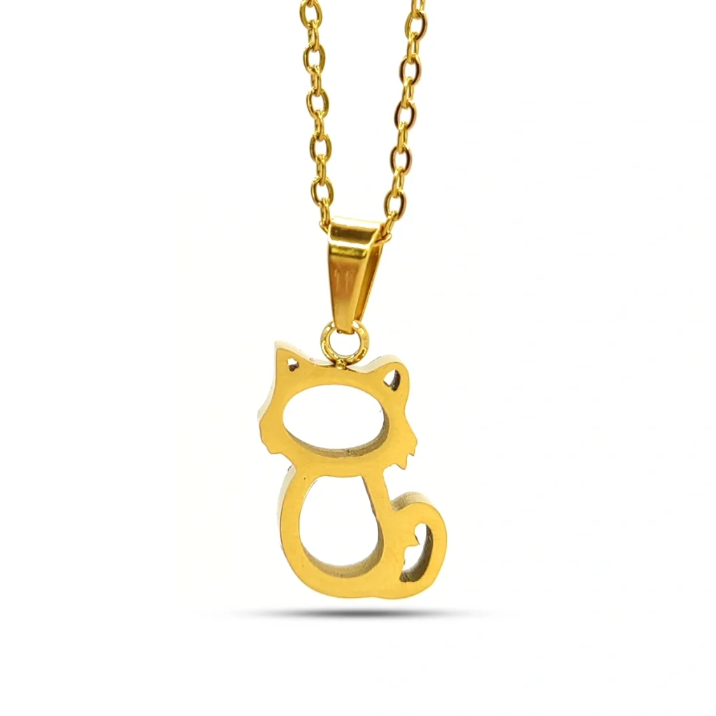 Collar Acero Inox Dorado Silueta Hueca Gato Mascota 1