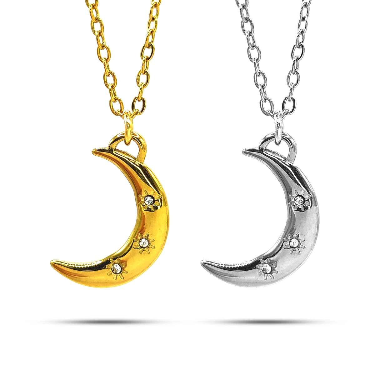 Collar Acero Inox Luna Tres Cristales Claros Estrellas 2