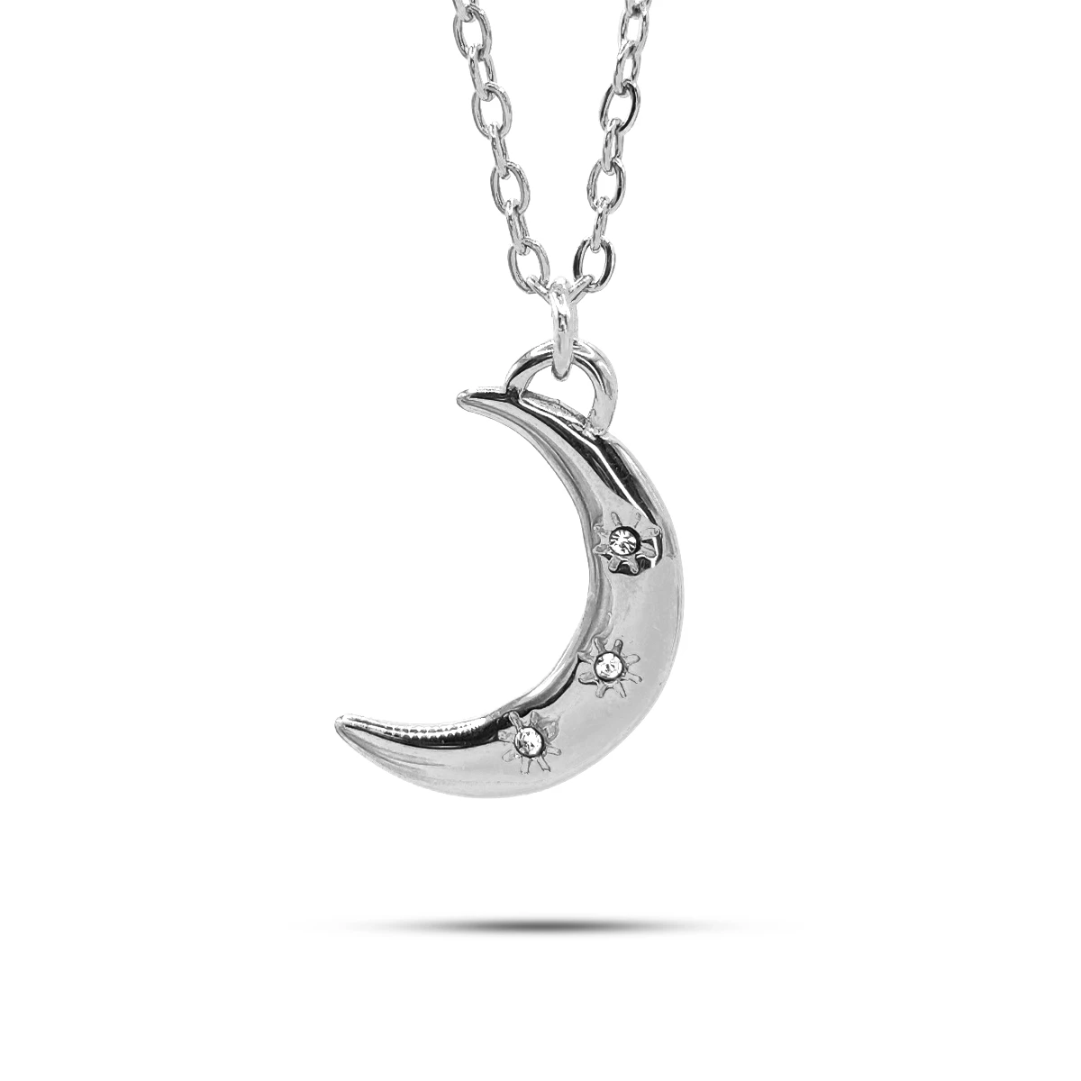 Collar Acero Inox Luna Tres Cristales Claros Estrellas 3