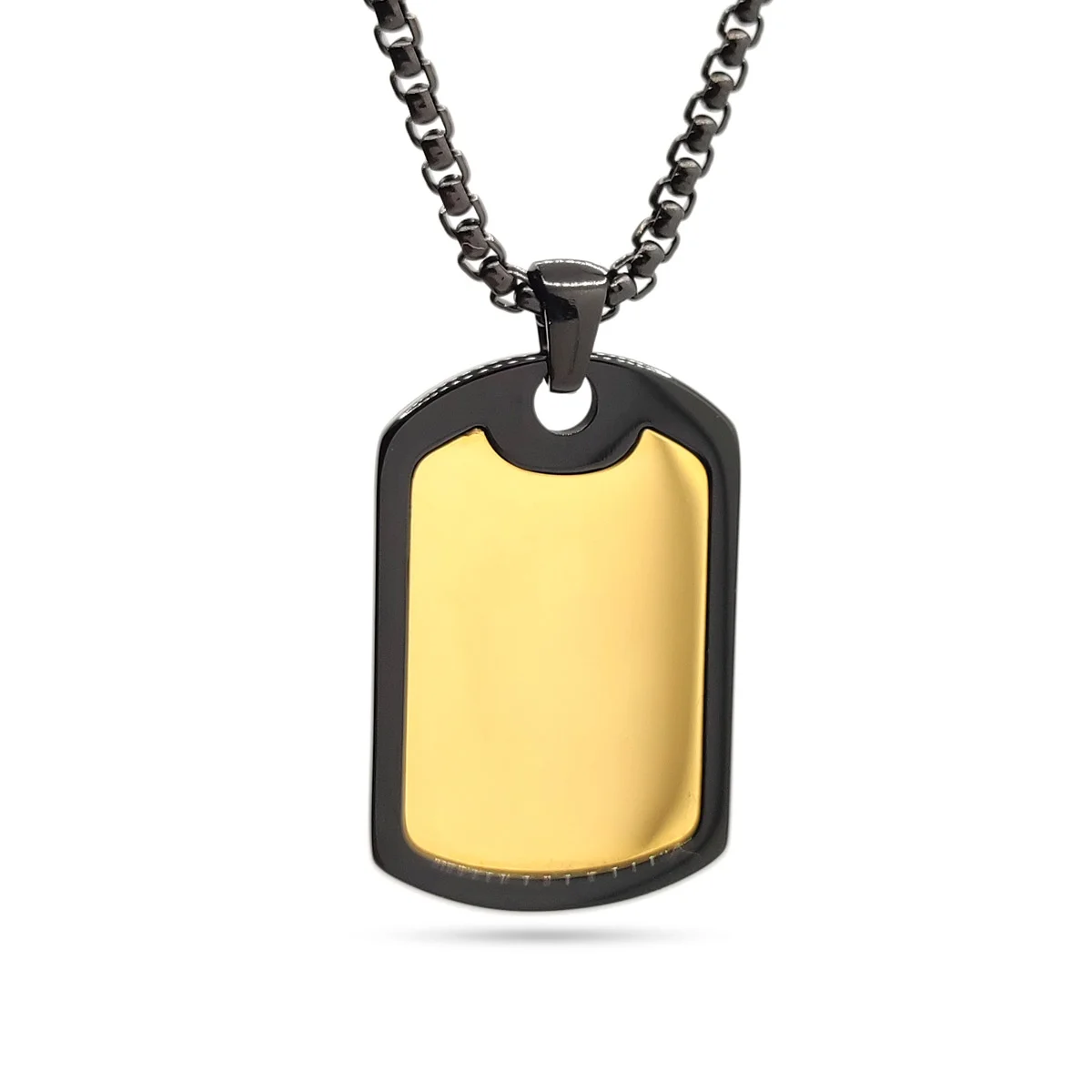 Collar Acero Inox Negro Militar Placa Dorada Hombre 1