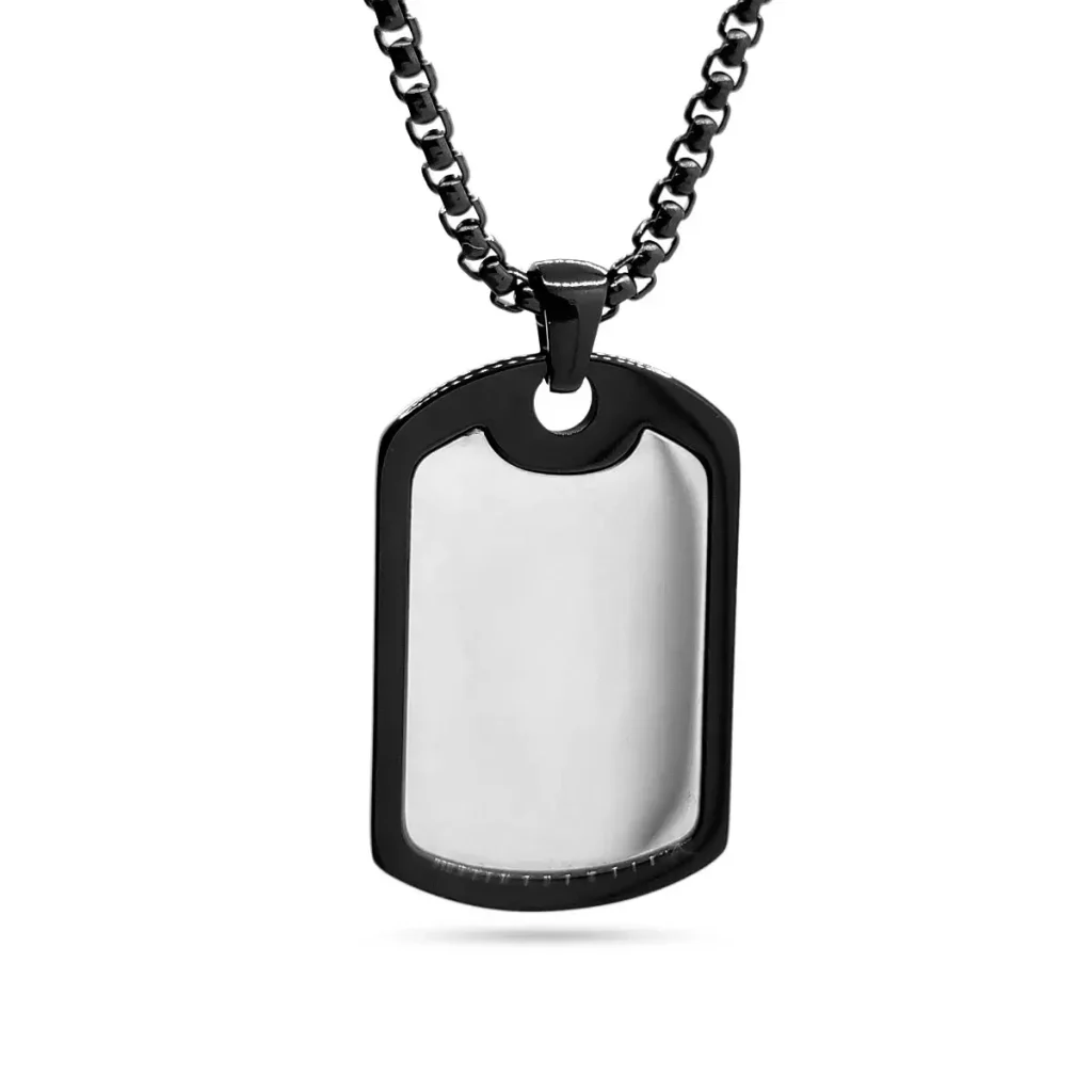 Collar Acero Inox Negro Militar Placa Plateada Hombre