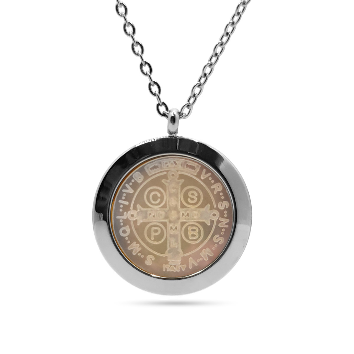 Collar Acero Inox Plateado San benito Madre Perla Medalla 2