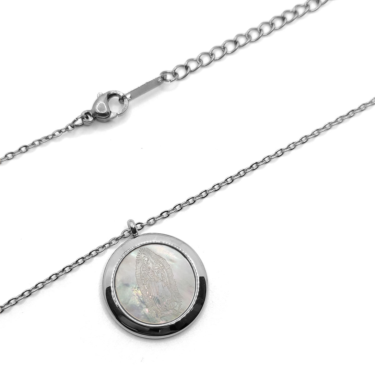 Collar Acero Inox Plateado Virgen Guadalupe Madre Perla 2