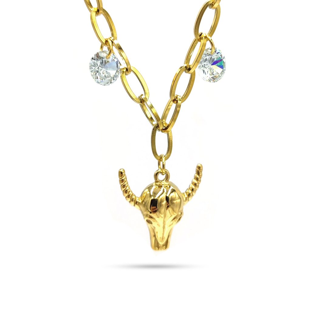 Collar Acero Inoxidable Dorado Eslabon Cabeza De Toro 1