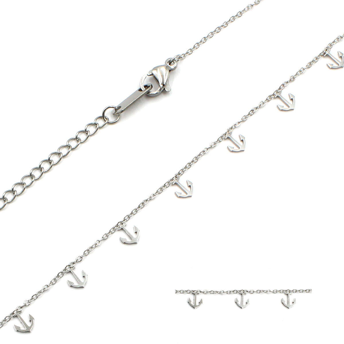 Collar Acero Inoxidable Plateado Anclas Lisas Clasicas