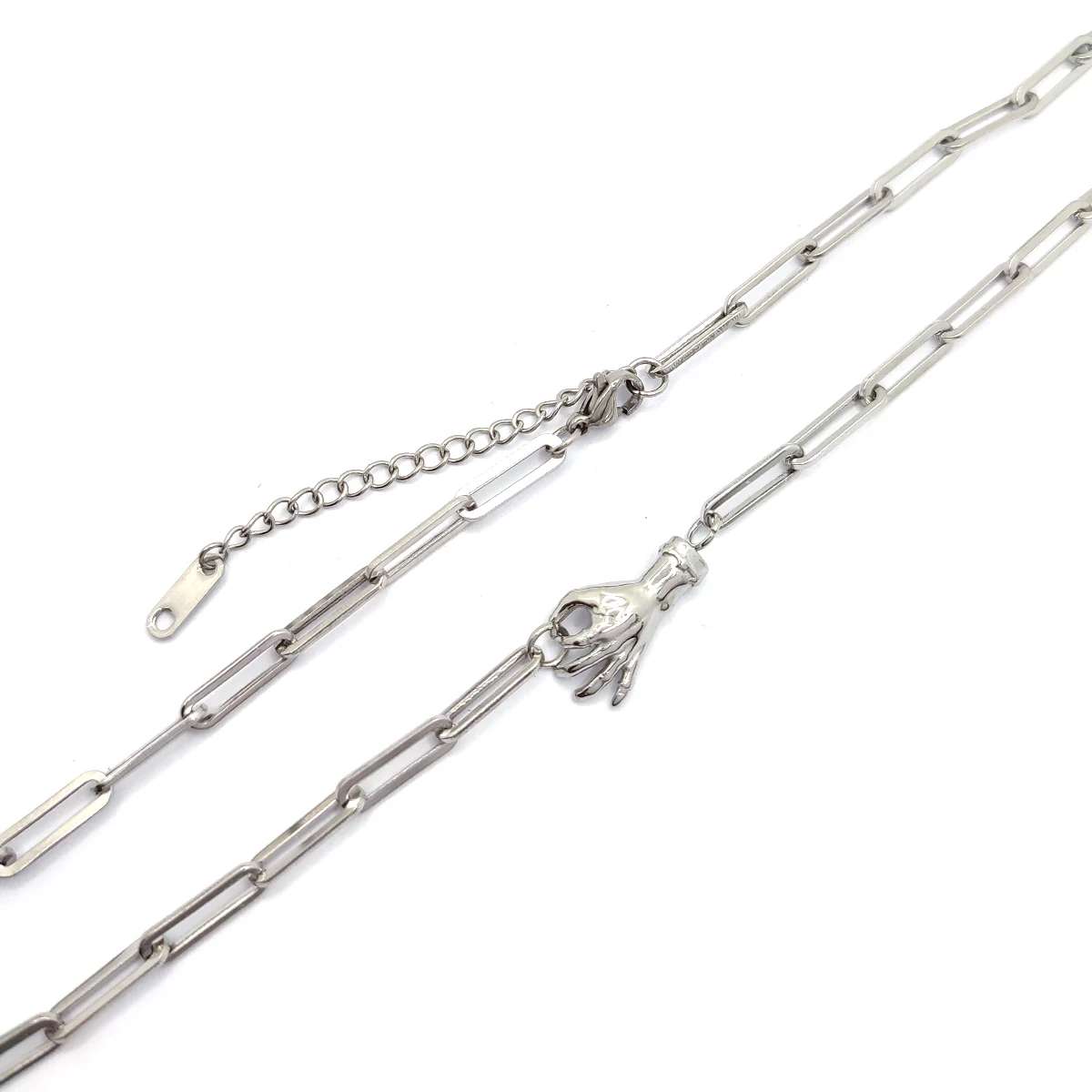 Collar Acero Plateado Choker Eslabon Largo Dije Mano OK 1