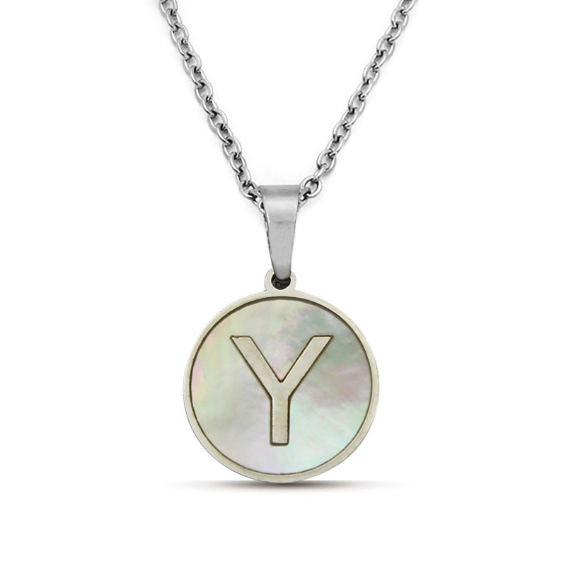 Collar Acero Plateado Circular Letra Y Madre Perla