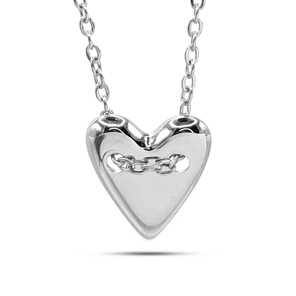 Collar Acero Plateado Corazon Cadena Transversal Moderno 2