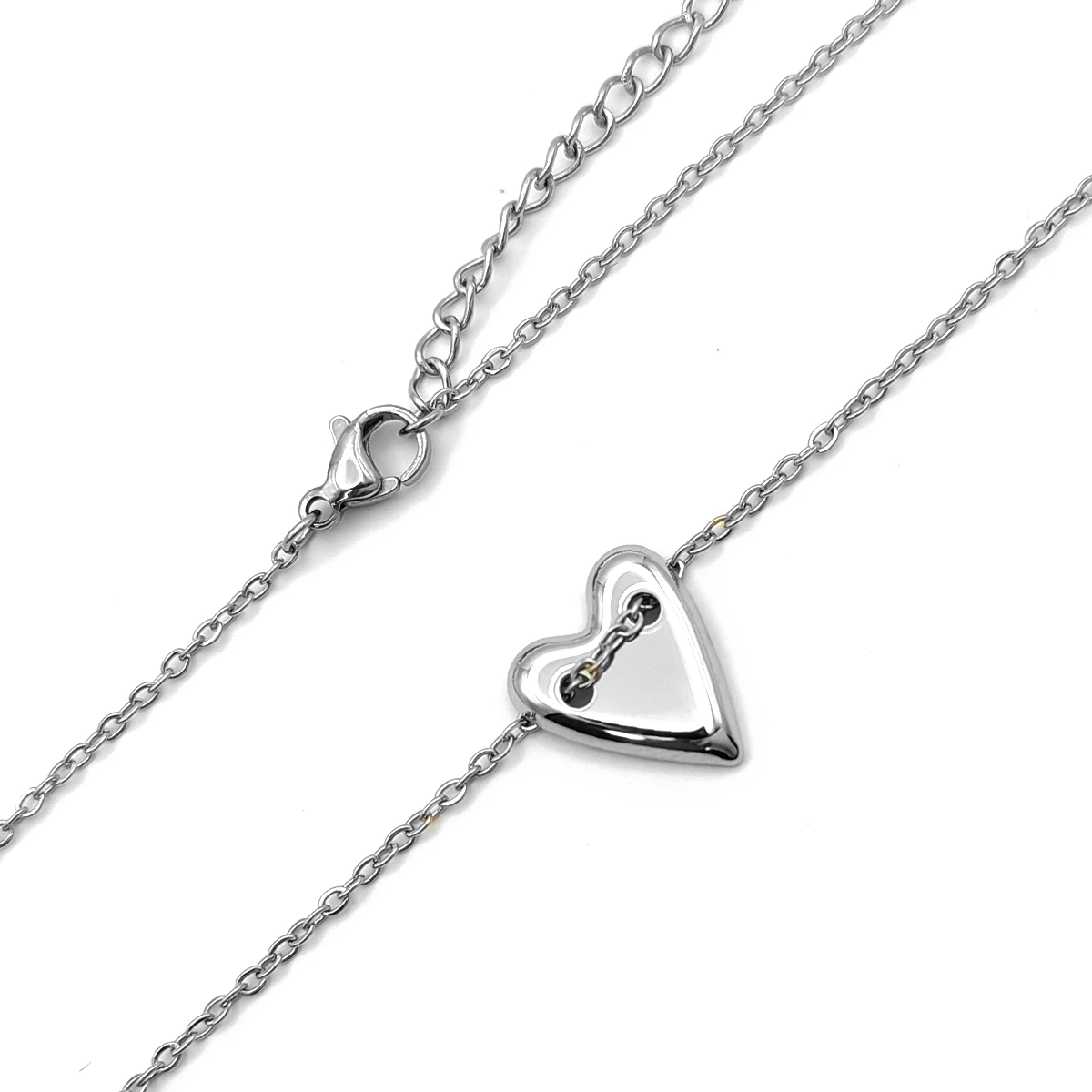 Collar Acero Plateado Corazon Cadena Transversal Moderno 3