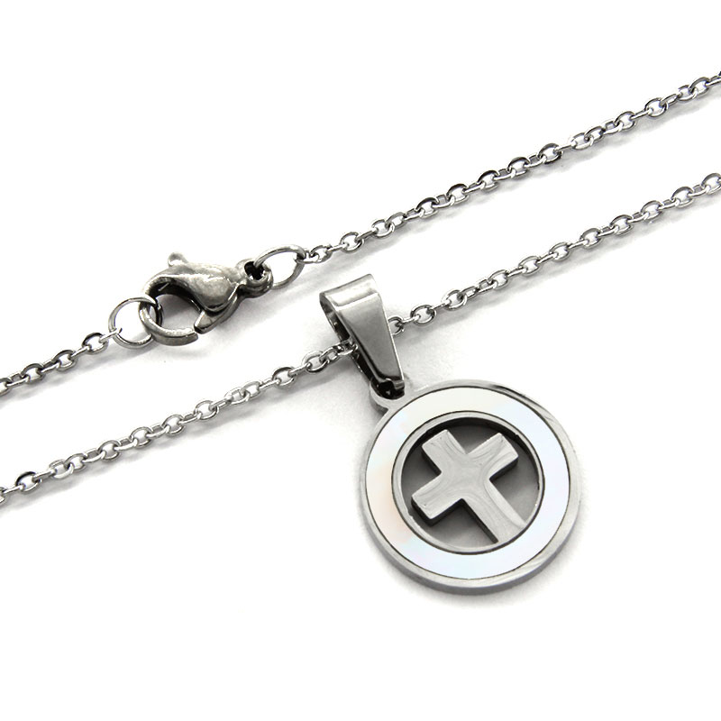 Collar Acero Plateado Cruz Latina Madre Perla Minimalista 2