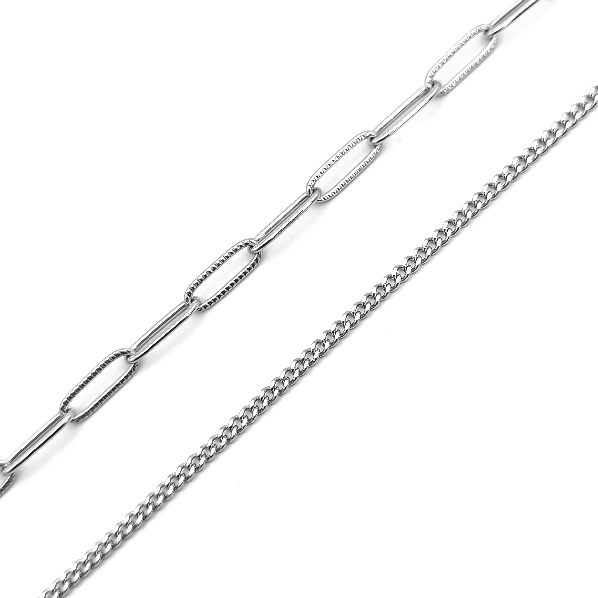 Collar Acero Plateado Doble Eslabon Largo y Barbada 2