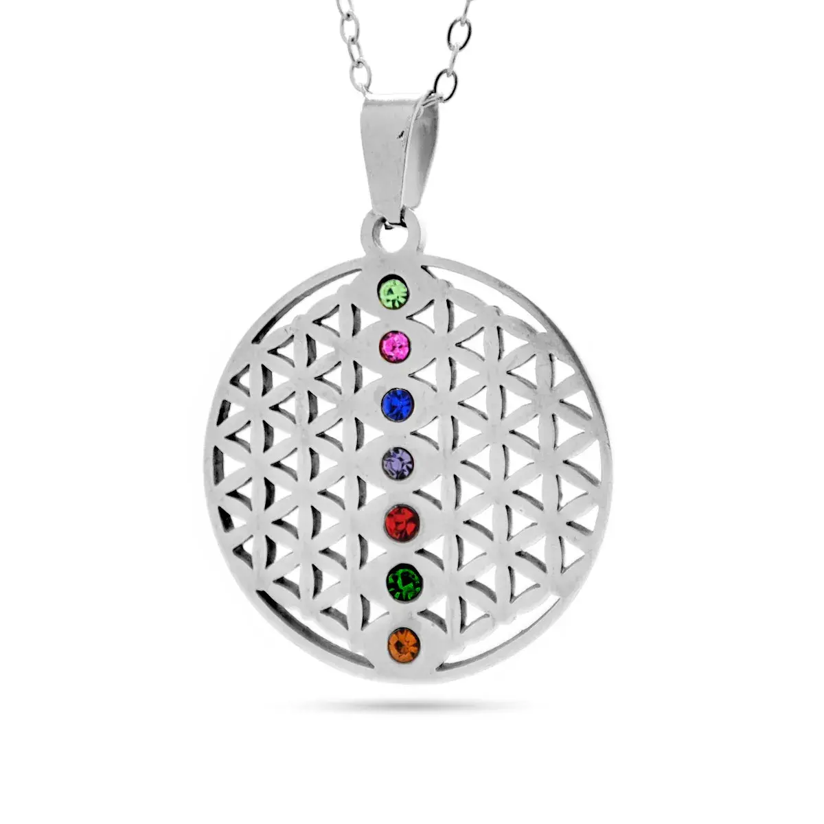 Collar Acero Plateado Flor de la Vida Cristales 7 Chakras 1