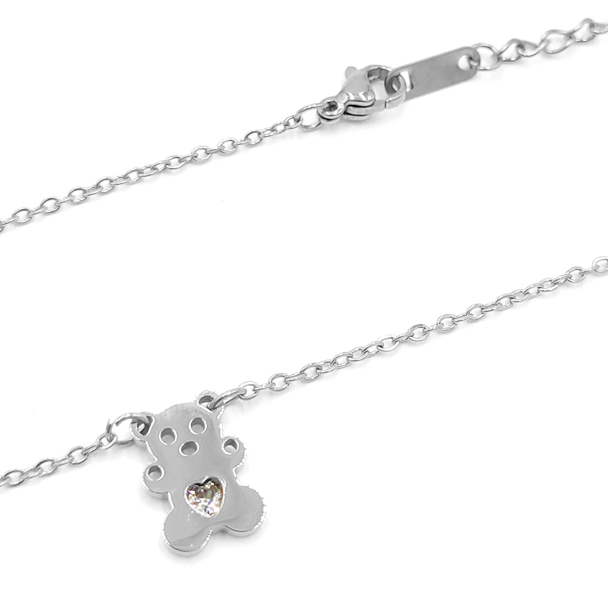 Collar Acero Plateado Osito Tierno Zirconia Corazon Amor 2