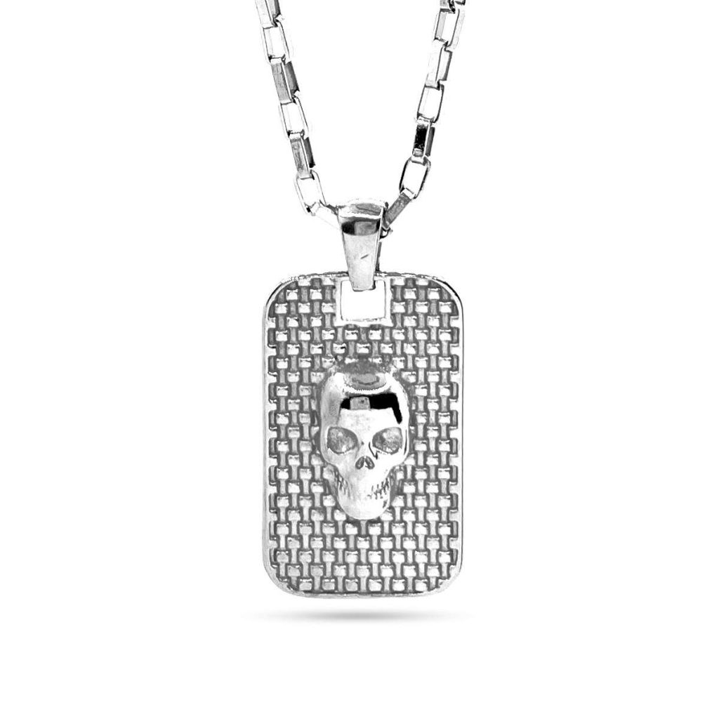 Collar Acero Plateado Placa Craneo Calavera Real 26×16 mm