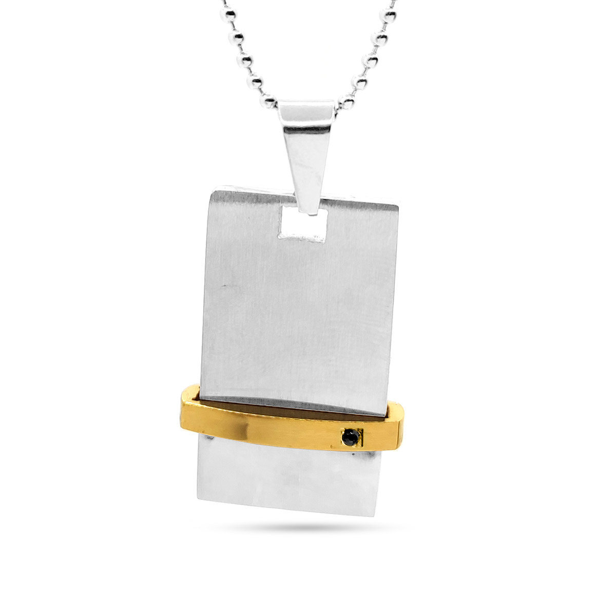 Collar Acero Plateado Placa Linea Dorada Zirconia Clasico 1