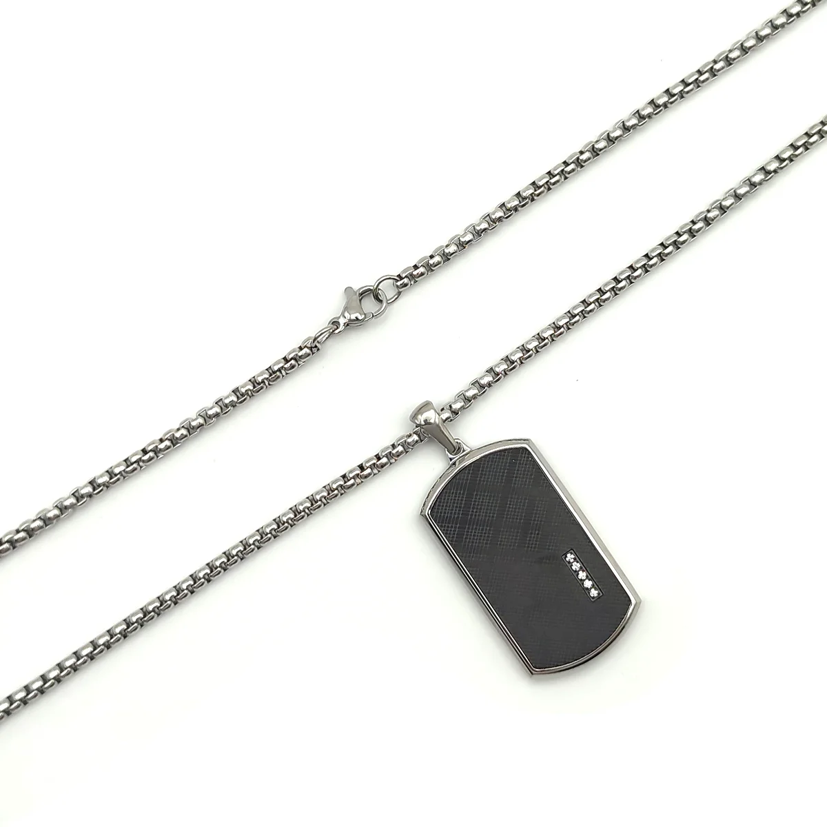 Collar Acero Plateado Placa Patron Tartan Negro Cristales 2