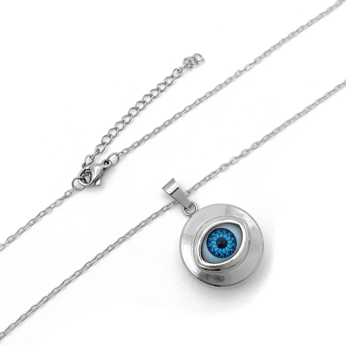 Collar Acero Plateado Relicario Liso Ojo Realista Azul 1