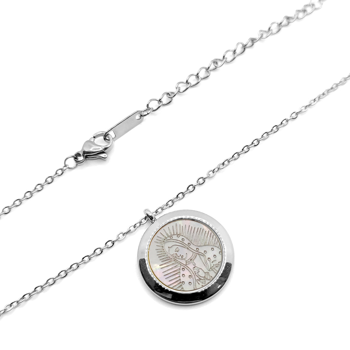 Collar Acero Plateado Virgen Guadalupe Orando Madre Perla 2