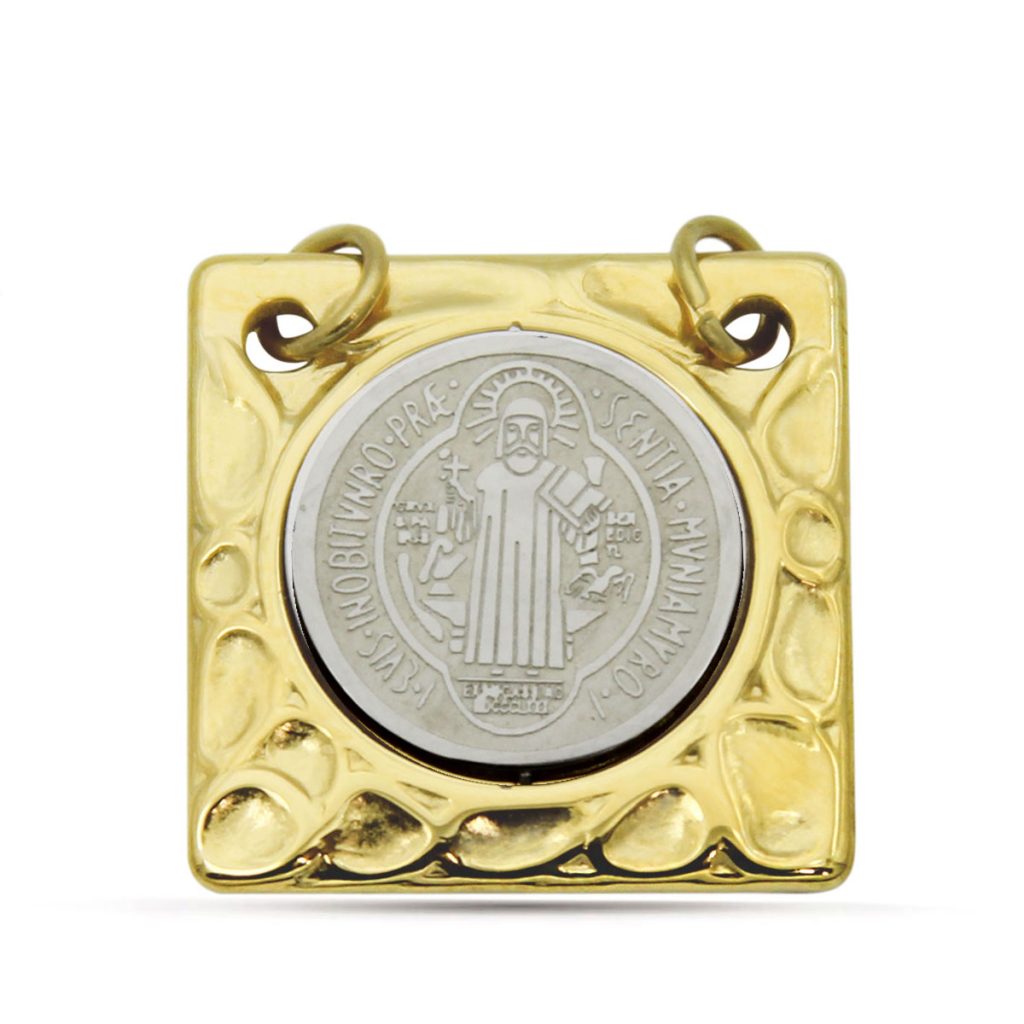 Dije Acero Bicolor Placa Cuadrada San Benito Proteccion7