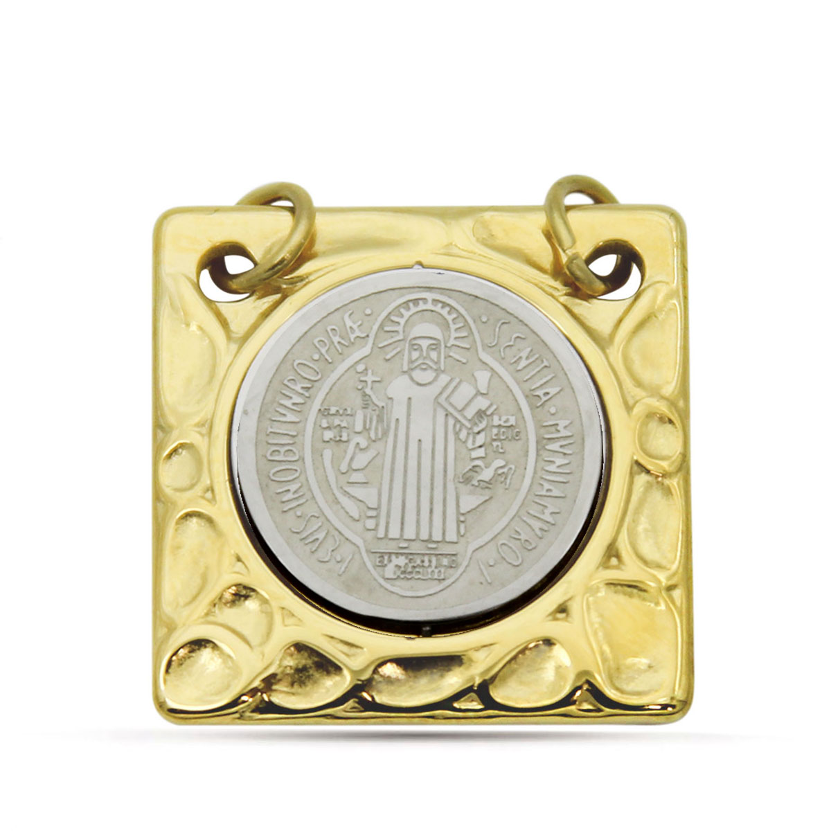 Dije Acero Bicolor Placa Cuadrada San Benito Proteccion7