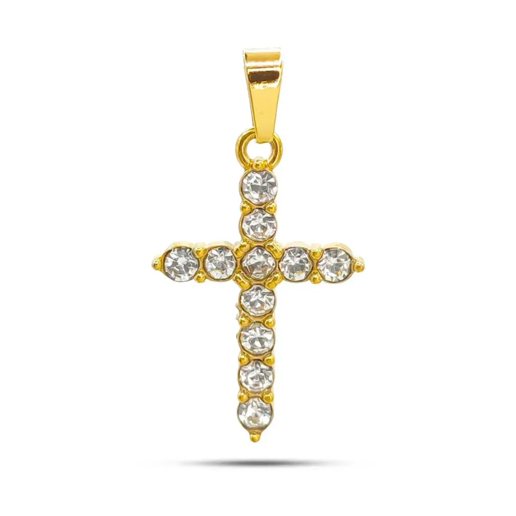 Dije Acero Dorado Cruz Delgada Cristales Circulares 2 1