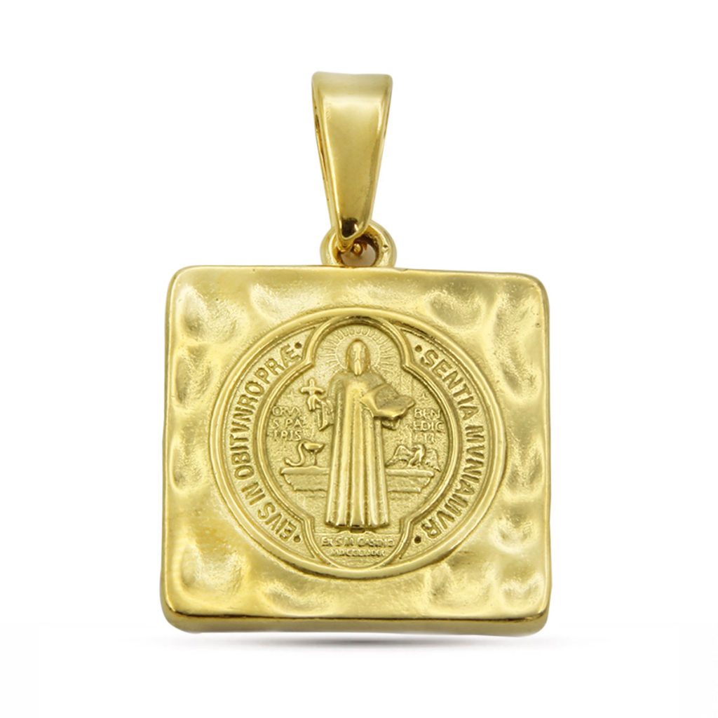 Dije Acero Dorado Placa Cuadrada San Benito Proteccion