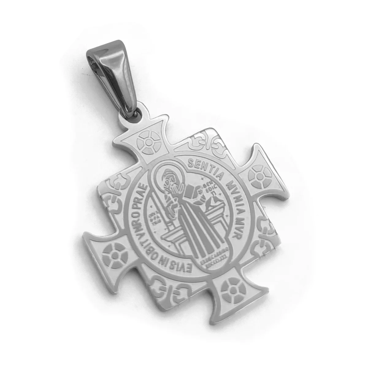 Dije Acero Plateado Cruz San Benito Grabada Proteccion 3