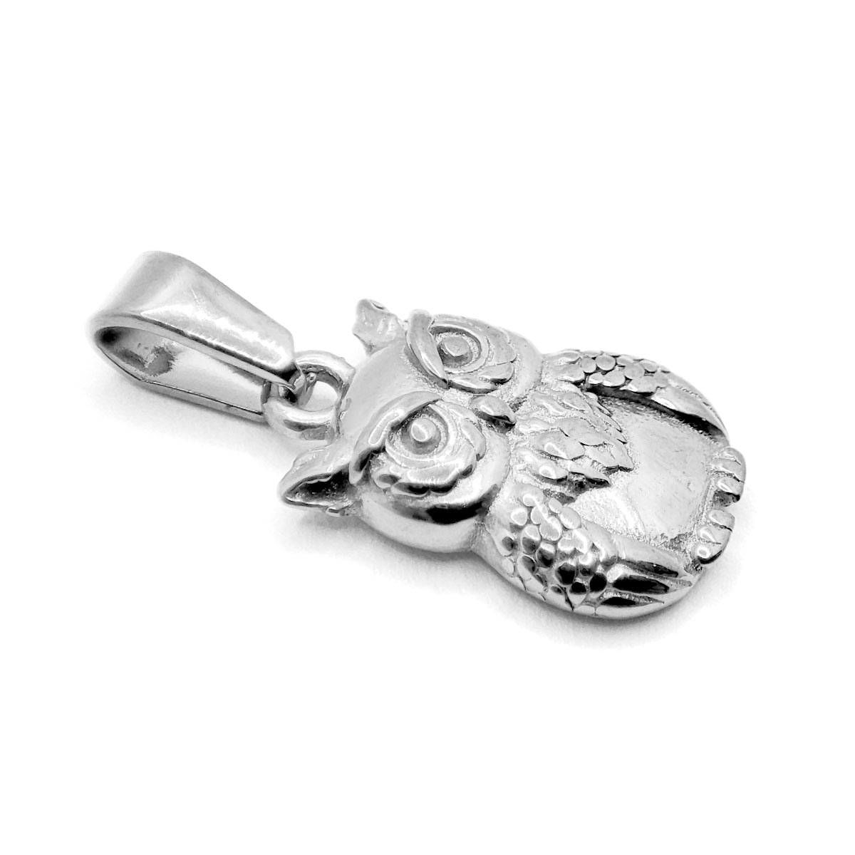 Dije Acero Plateado Mini Ave Buho Sabio Realista 3D 14 mm 2