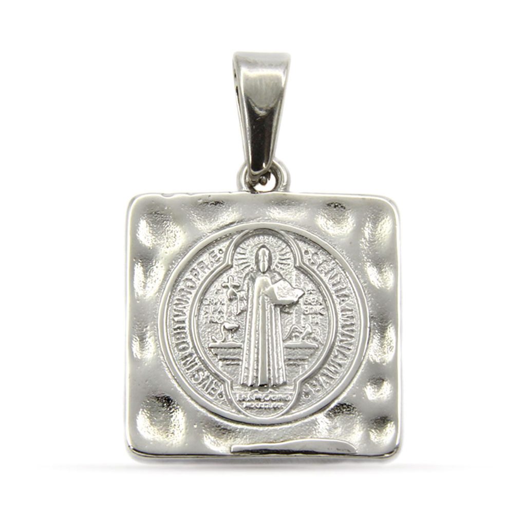 Dije Acero Plateado Placa Cuadrada San Benito Proteccion
