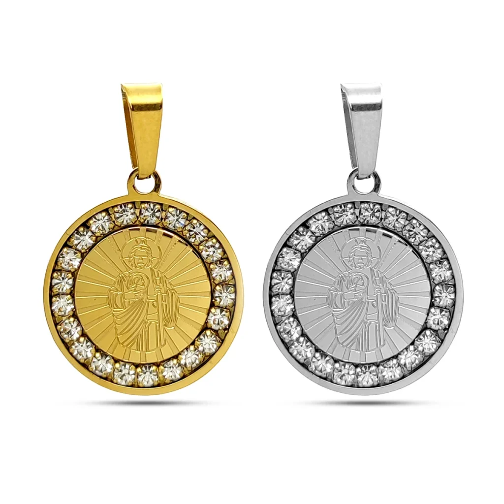 Dije Acero San Judas Medalla Religiosa Redonda Zirconias
