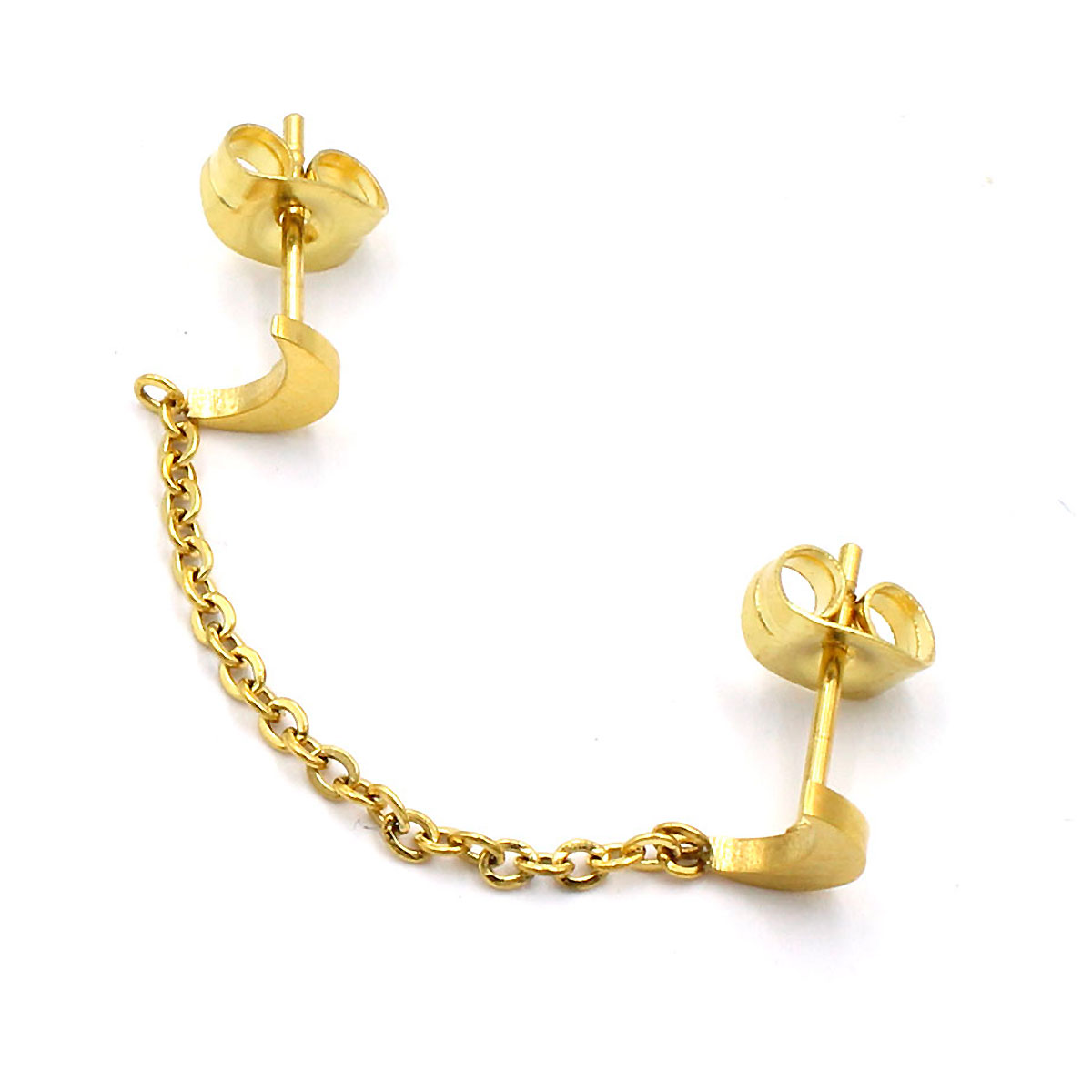 Ear Cuff Acero Inoxidable Dorado Doble Luna Cadena 2