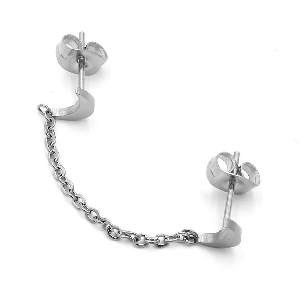 Ear Cuff Acero Inoxidable Plateado Doble Luna Cadena 2