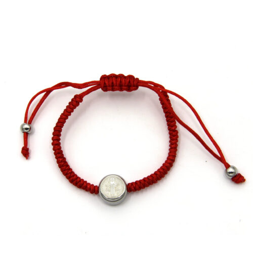 Pulsera Acero Plateado Hilo Rojo Ajustable San Benito